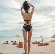 Sexy Black Halter Cut Out Bandage Trikini Swimsuit - Tiktok Tingz