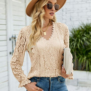Vintage Long Sleeve Hollow Flowers Sexy Shirts Lace Tops - Tiktok Tingz