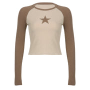 Stars Patchwork Long Sleeve T-shirts Women Slim Tops