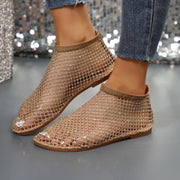 New Hollow Flat Sandals With Rhinestone Design Summer Fashion Round Toe Shoes For Women - Tiktok Tingz