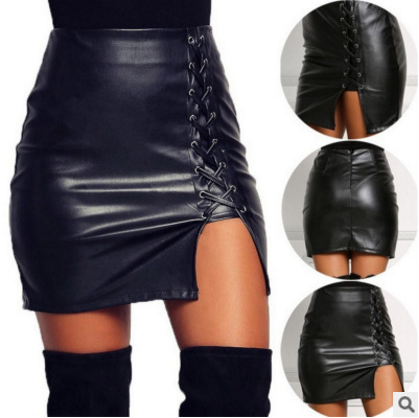 Black Lace Up PU Leather Skirts