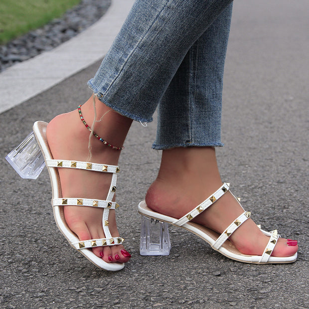 New Square Toe Transparent Sandals With Rivet Design Summer Fashion Crystal High-heeled Rivet Shoes For Women