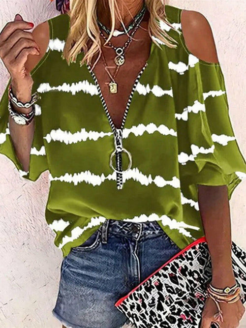 Printed Zipper Blouse Off Shoulder Hollow Out Party Tops - Tiktok Tingz
