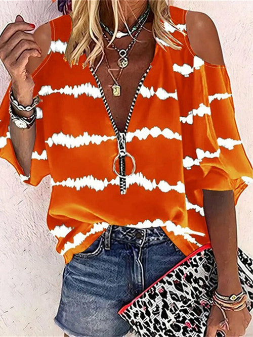 Printed Zipper Blouse Off Shoulder Hollow Out Party Tops - Tiktok Tingz