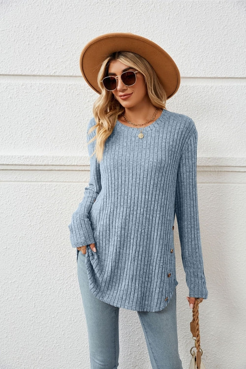 Loose-Fit Long Sleeve Button T-Shirt for Women with Round Neck - Tiktok Tingz