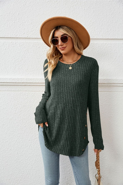 Loose-Fit Long Sleeve Button T-Shirt for Women with Round Neck - Tiktok Tingz