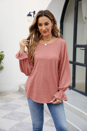 Solid Color Loose-Fit Long Sleeve T-Shirt with Round Neck - Tiktok Tingz