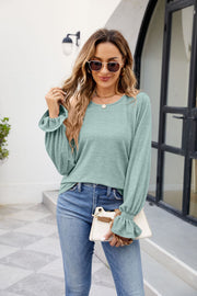 Solid Color Loose-Fit Long Sleeve T-Shirt with Round Neck - Tiktok Tingz