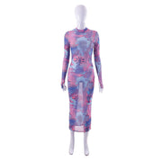 Long Sleeve Sheer Mesh Floral Print Casual Maxi Dress - Tiktok Tingz