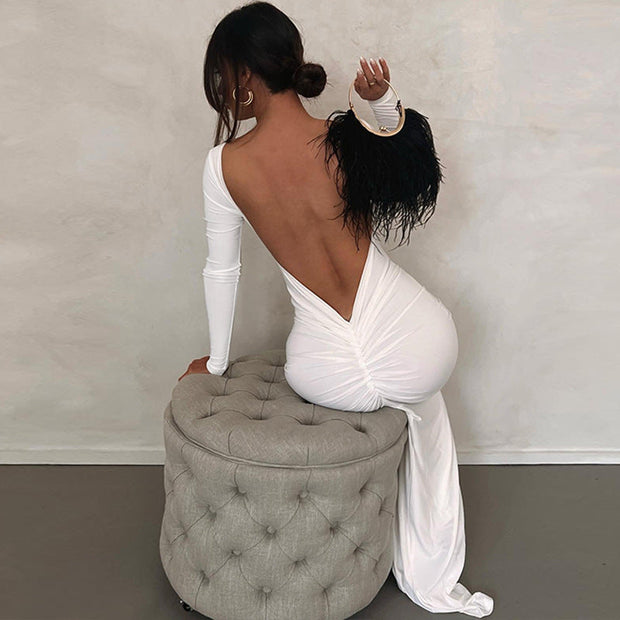 Solid Color Sexy Backless Pleated Maxi Dress - Tiktok Tingz